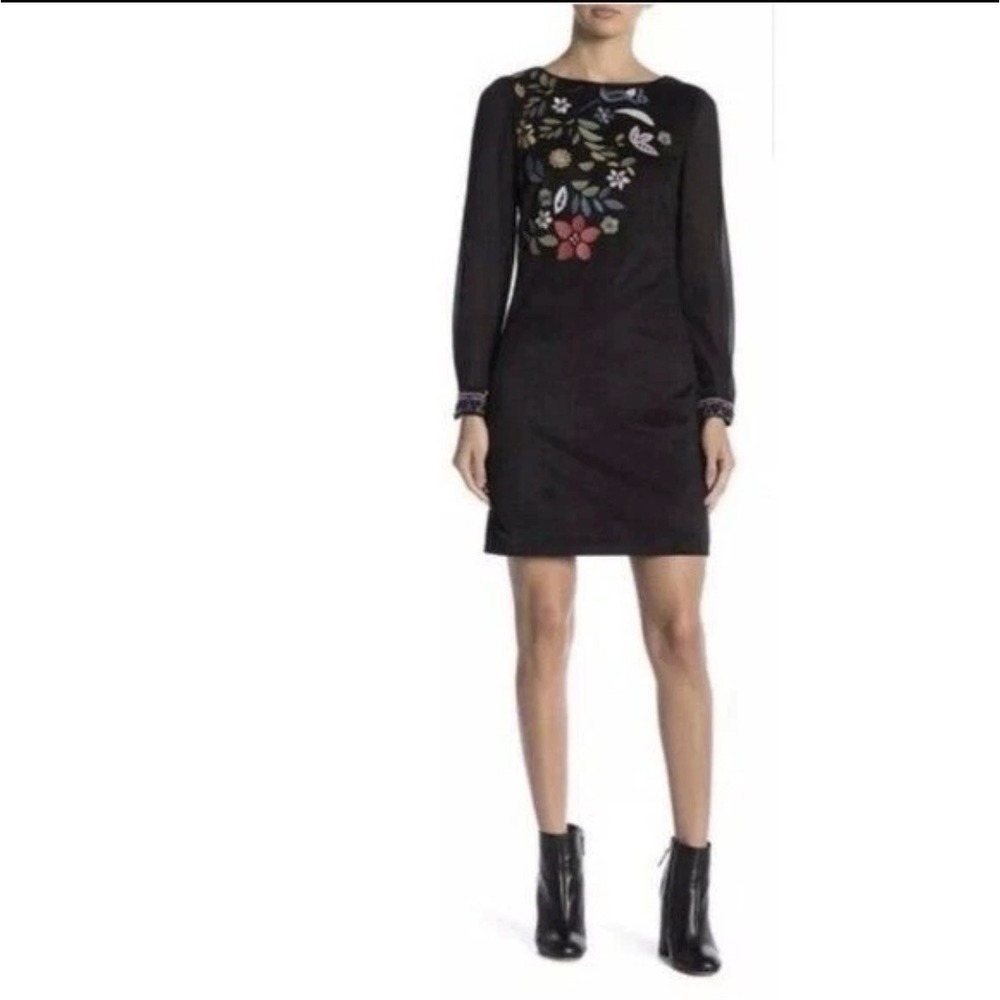 Desigual NWOT Embroidered Floral Statement Dress Art To Wear Sheer Sleeve US 6
